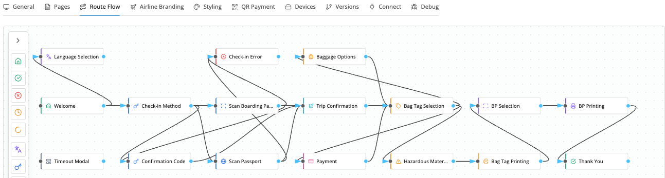 App Studio route flow editor showing the passenger journey from welcome to bag tag printing