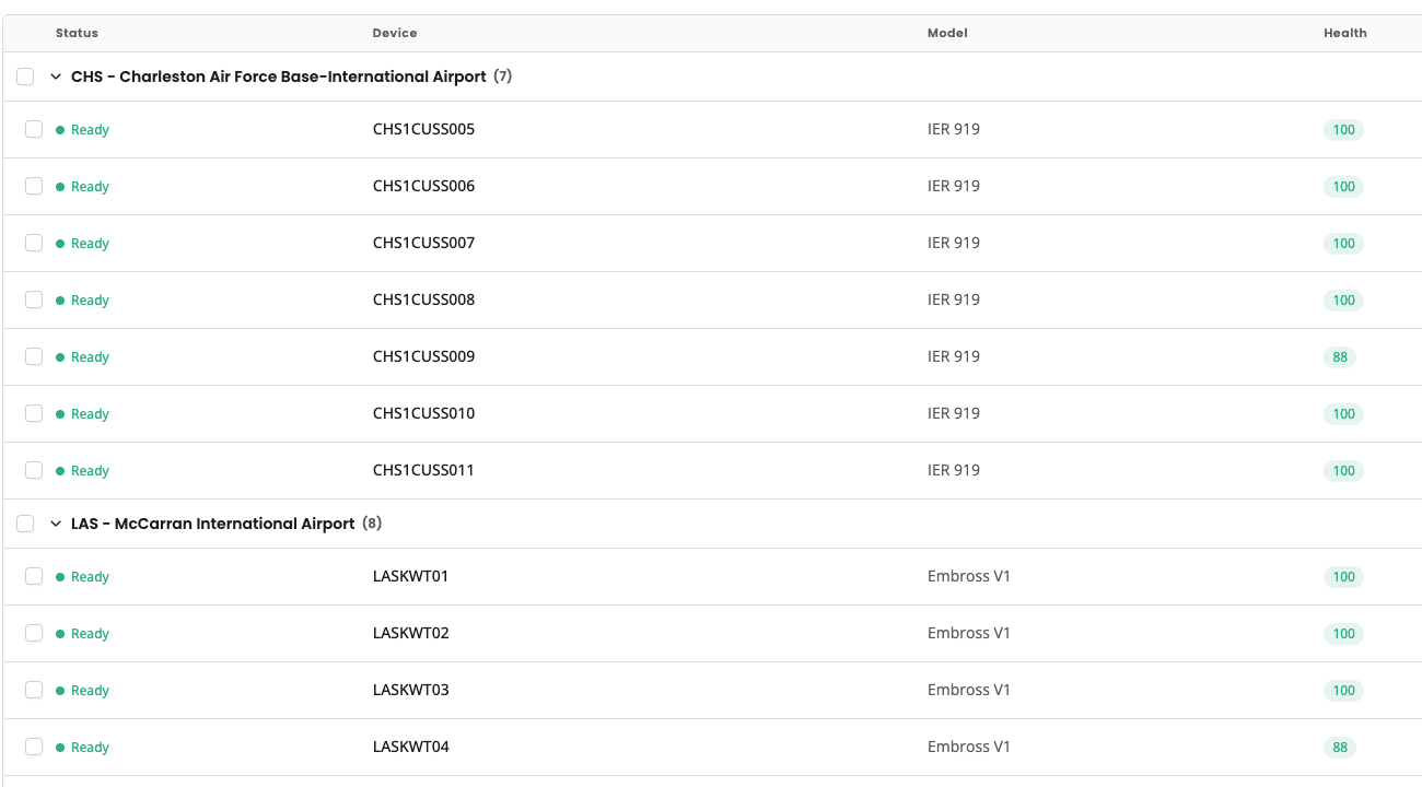Fleet device list grouped by airport with status, model and health score