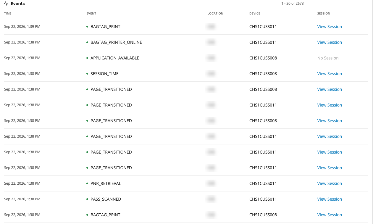 Event Explorer showing bag tag prints, pass scans and application available events