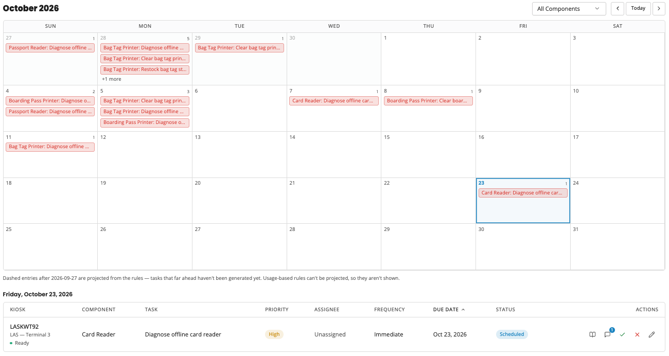 Maintenance calendar showing kiosk tasks planned across the month